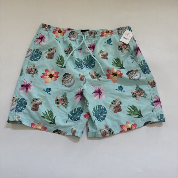 Star Wars: The Mandalorian Large Baby Yoda Swim Trunks 7" Elastic Waist Pockets - Picture 1 of 9
